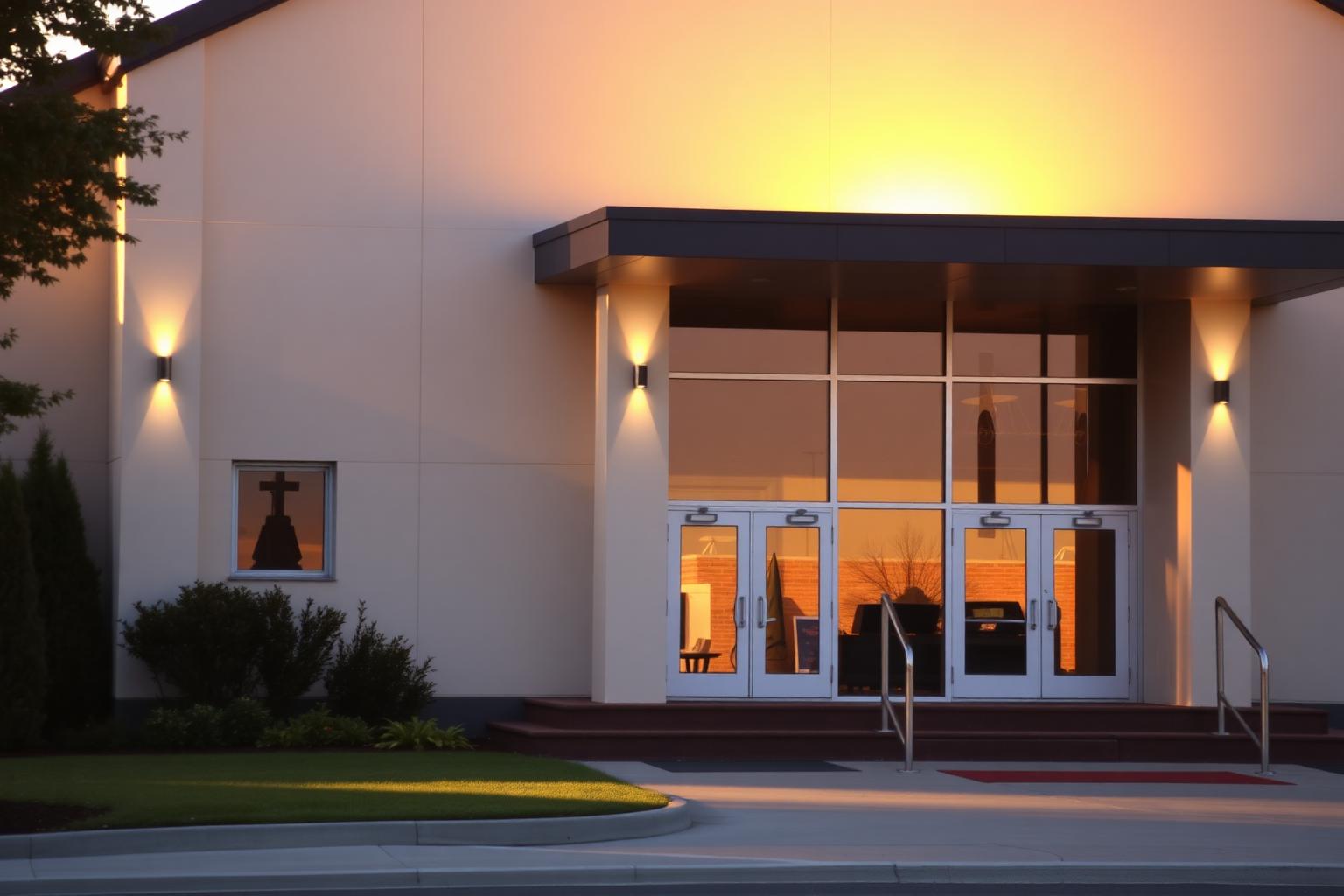 Welcoming Christian church entrance at golden hour